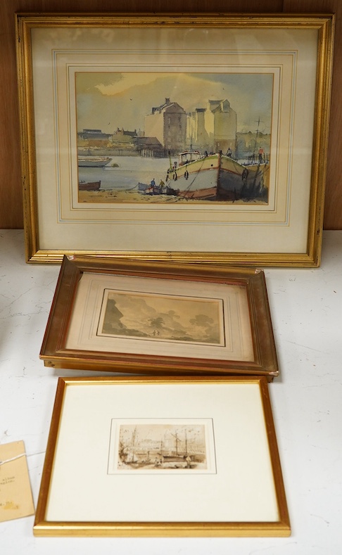 Three watercolours comprising: Sidney Cardew (1931-2017), ‘Across the river, Chelsea', William Bowden, 'London docks' and Attributed to Edmund Becker (fl. 1780-1820), 'Near Bath', largest 18 x 26cm